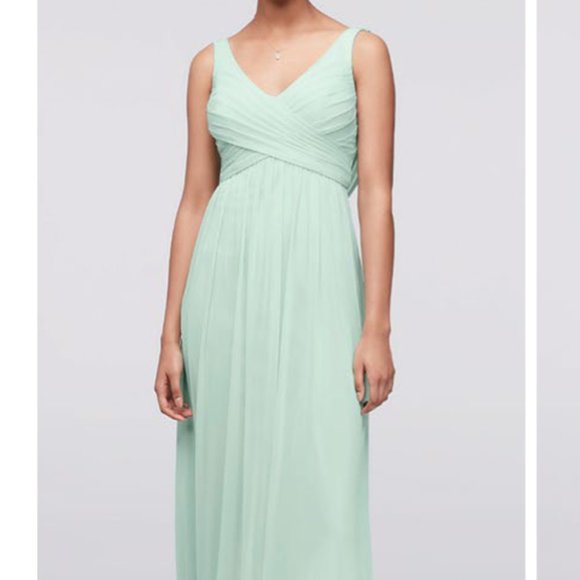 David's Bridal Bridesmaid Long Dress with Mesh and Swooping Cowl Back- Meadow - Picture 1 of 4